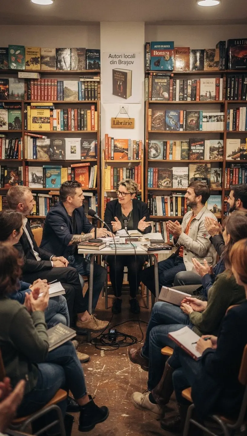 Imagine cu un jurnalist scriind un articol într-o cafenea, simbolizând povestiri autentice