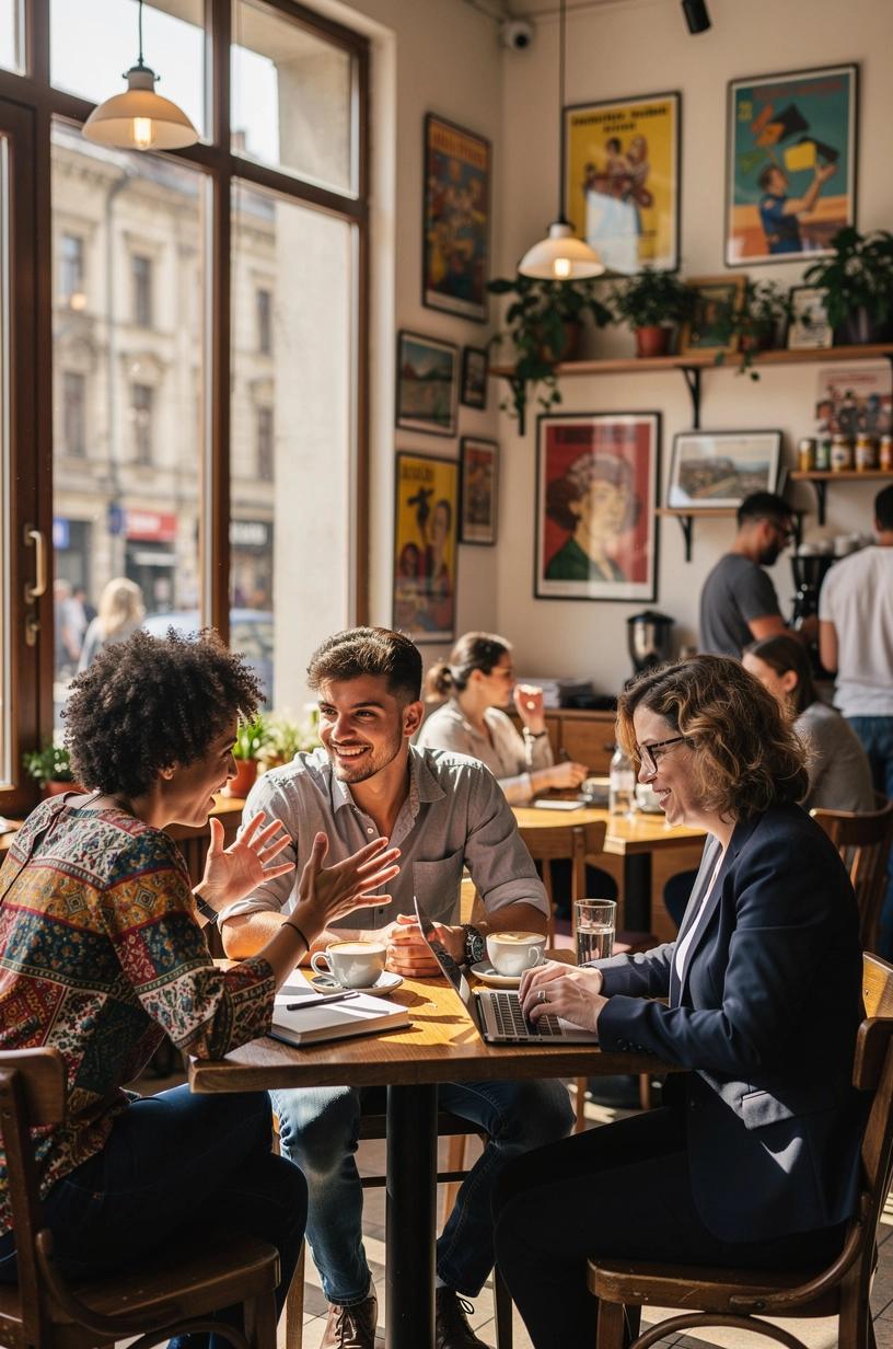 Imaginează o comunitate diversă de oameni discutând idei și partajând cunoștințe locale într-un spațiu urban modern, ilustrând colaborarea și schimbul de experiențe autentice.